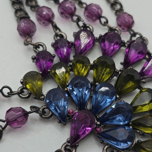 Whimsigoth‎ Statement Necklace Gunmetal Rhinestones Peacock Fashion Jewelry - Picture 6 of 12